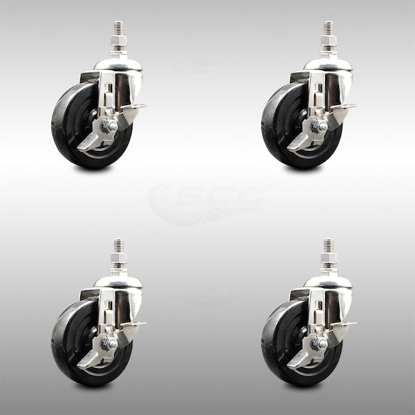 Service Caster 4 Inch 316SS Soft Rubber Wheel Swivel 3/8 Inch Threaded Stem Caster Set Brake SCC-SS316TS20S414-SRS-TLB-381615-4 - main